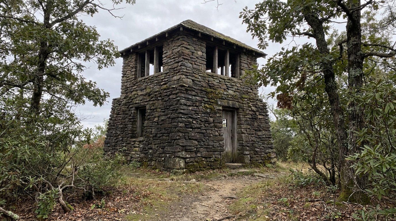 The historic CCC-built stone Bunker Tower at the Alabama high point