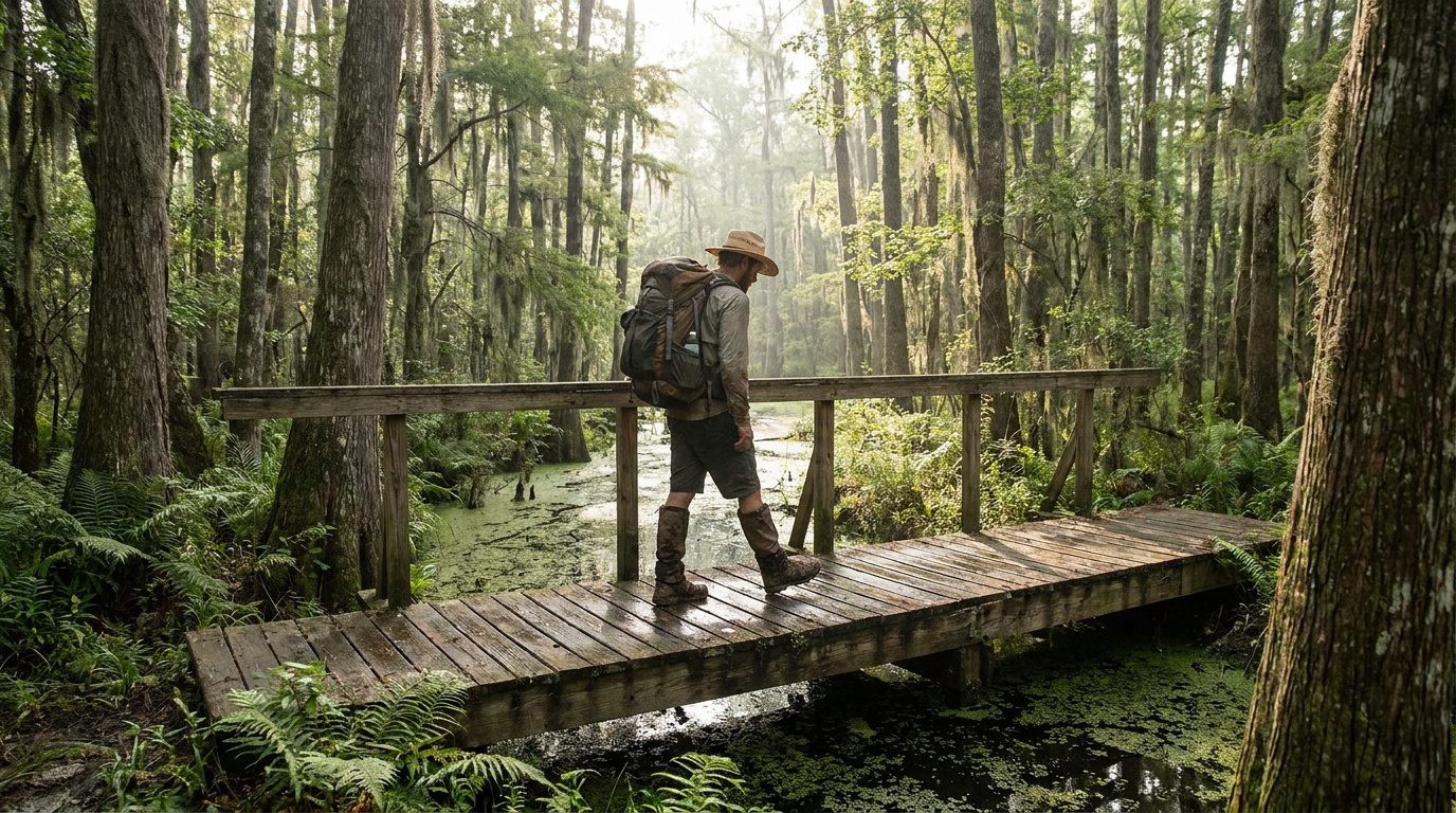 A backpacker on the Lake Chicot Loop trail crossing a small footbridge over a cypress slough, dense green forest, summer morning