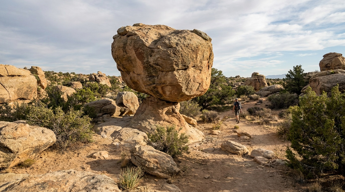 A famous balanced rock formation in the Heart of Rocks area
