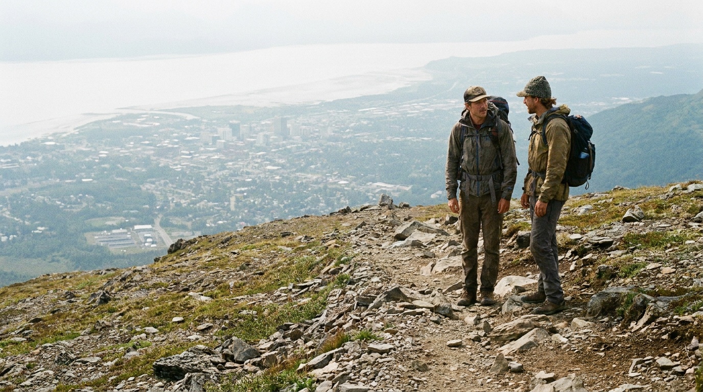 Hikers near the summit of Flattop Mountain with Anchorage below