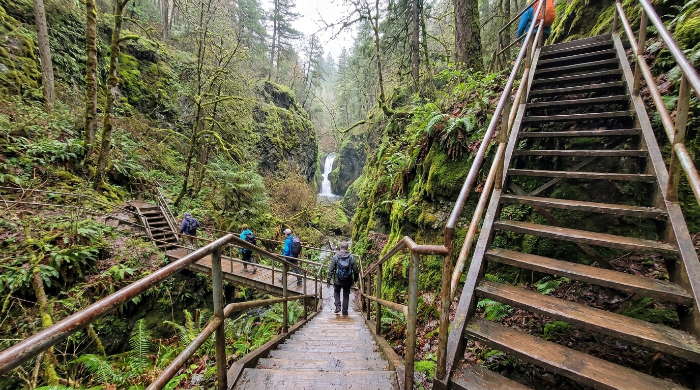 Metal staircases descending steeply into the green gorge on the Waterfalls Trail at Cloudland Canyon State Park, hikers on the stairs, lush forest
