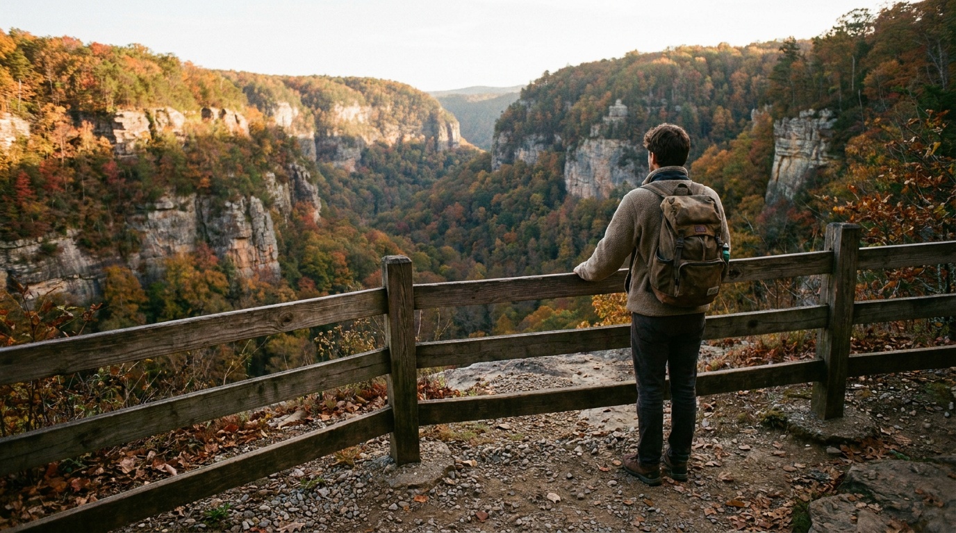 A rim overlook on the West Rim Loop Trail at Cloudland Canyon with a hiker taking in the canyon view, autumn color on the cliffs, late-day light