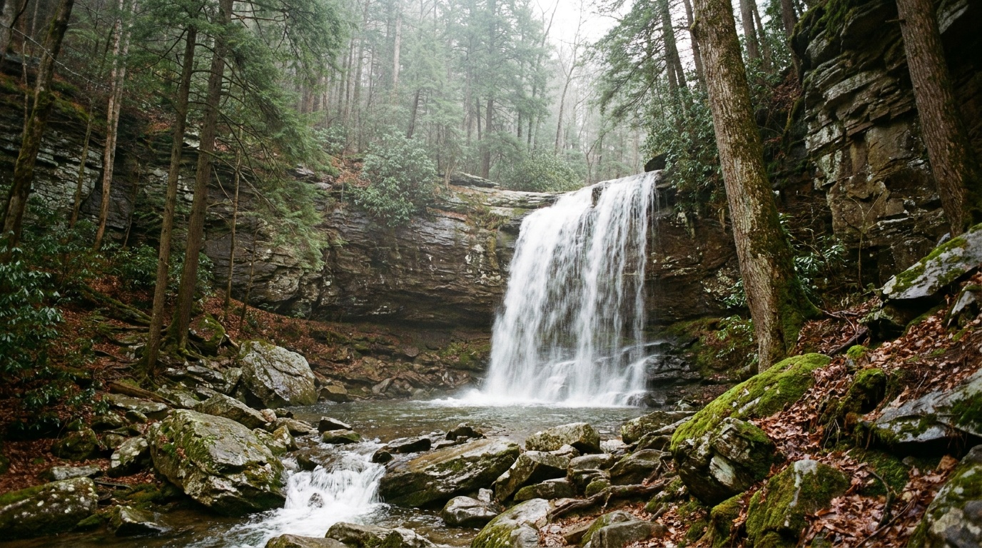 Hemlock Falls plunging about 90 feet over an arced rock wall into a boulder-filled pool at Cloudland Canyon, surrounded by hemlocks and mossy stone