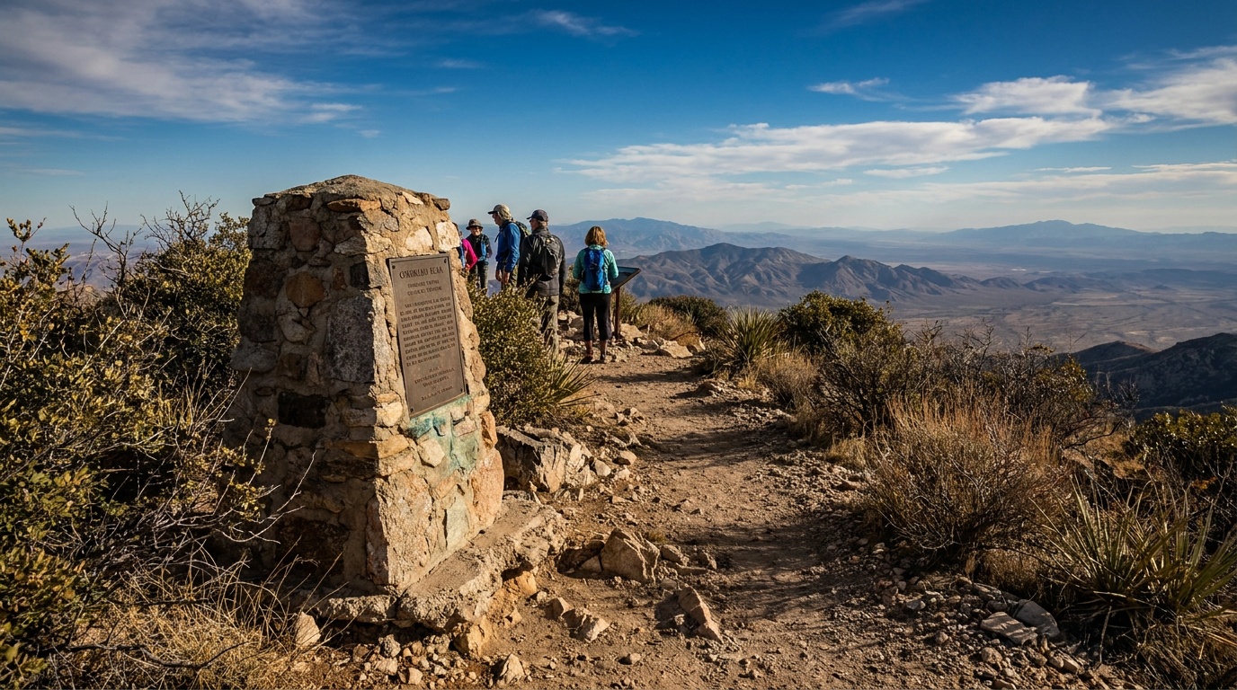 The short trail up to Coronado Peak with a stone overlook marker, sweeping border views of mountains and valley below, blue sky