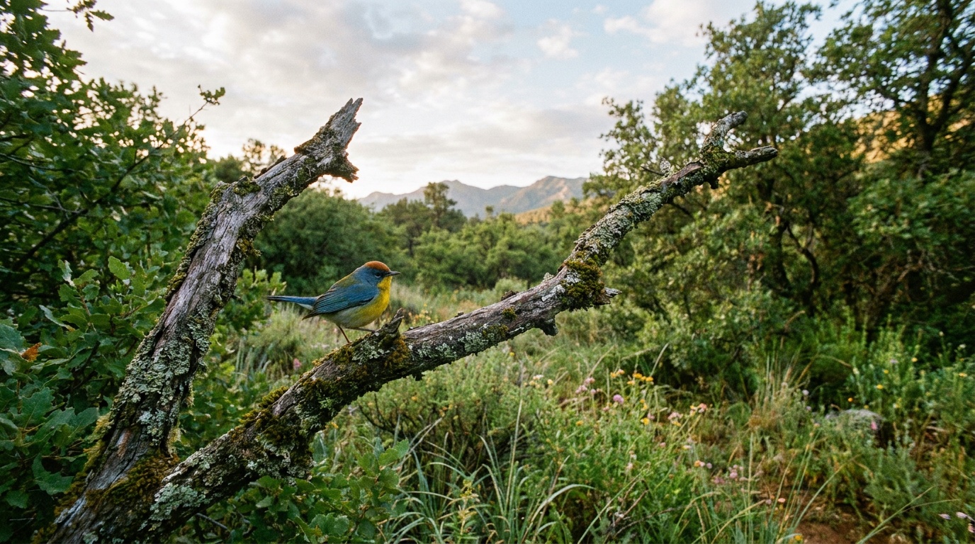 A colorful sky-island songbird perched on an oak branch in the green Huachuca canyon at Coronado, soft morning light, birding habitat