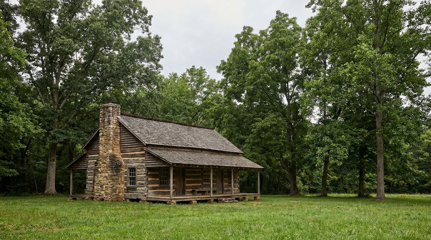 The restored 1820s Robert Scruggs log cabin at Cowpens surrounded by green grass and tall trees under a soft sky