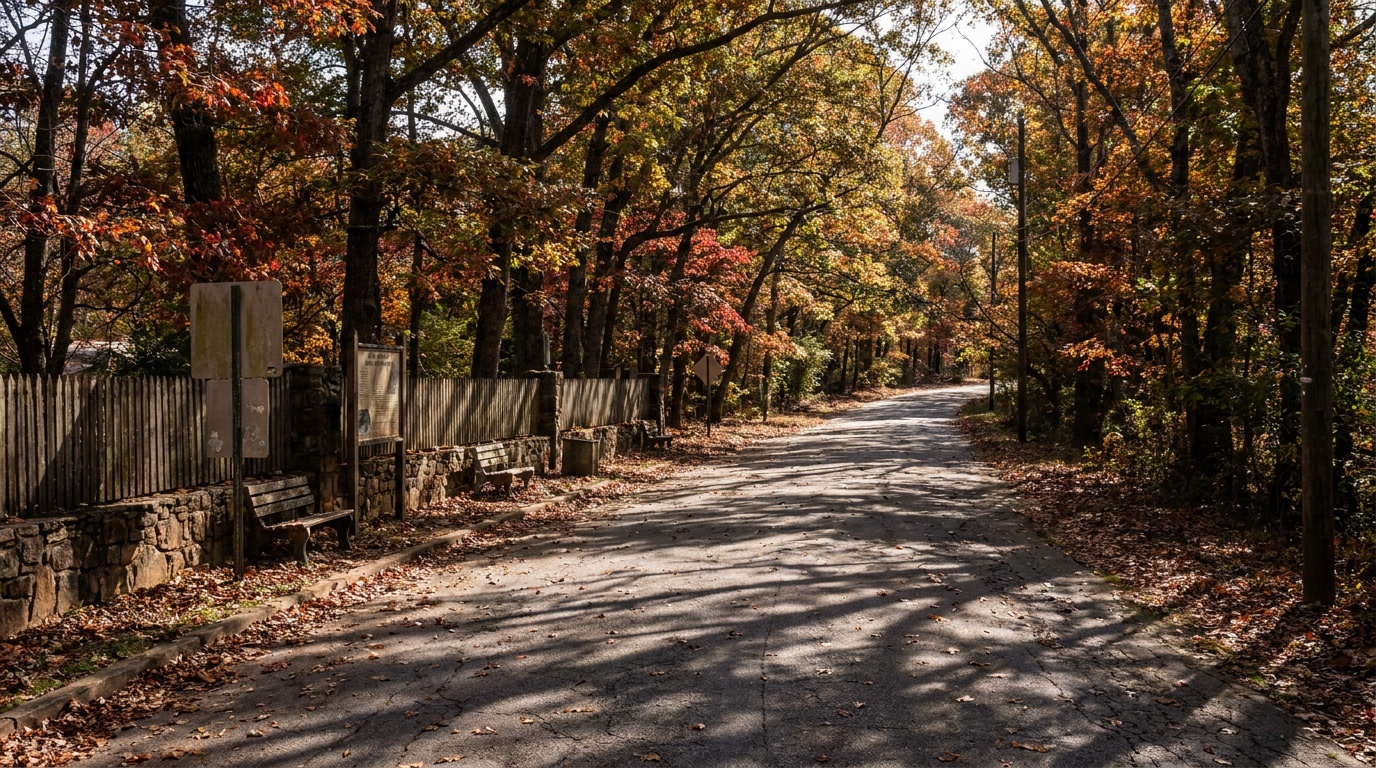 A quiet tree-lined stretch of the Cowpens auto loop road in autumn, dappled light on the pavement, fall color in the Piedmont woods