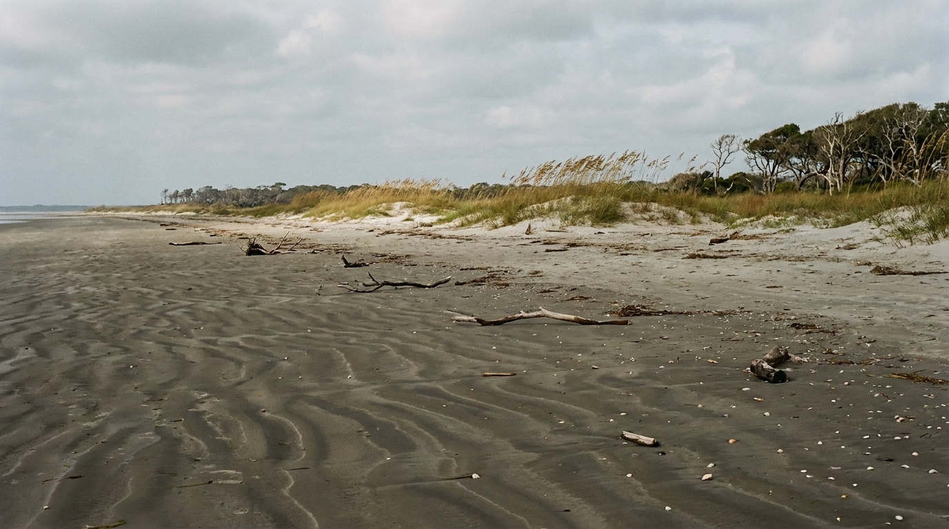 An empty wide undeveloped Atlantic beach with windblown dunes and sea oats on Cumberland Island at low tide