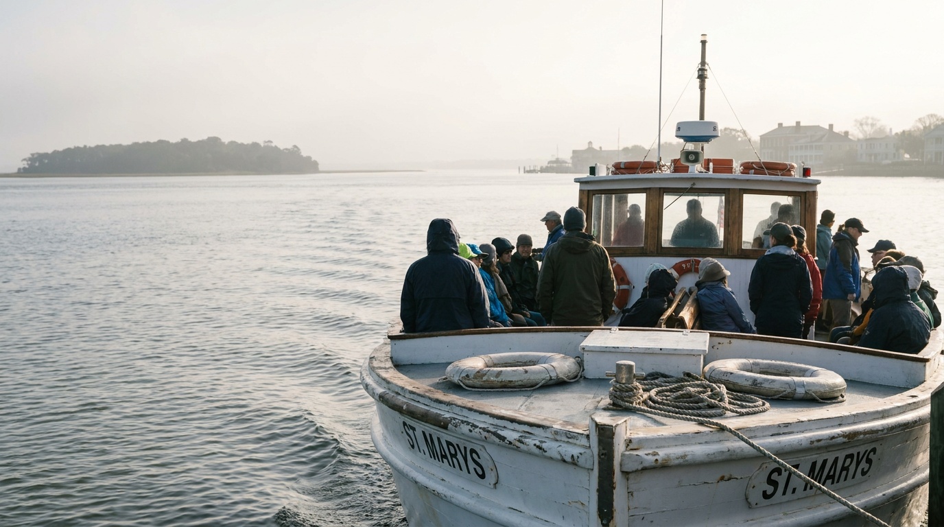 The Cumberland Island passenger ferry crossing calm coastal water from St. Marys, Georgia, toward the wooded barrier island under soft morning light