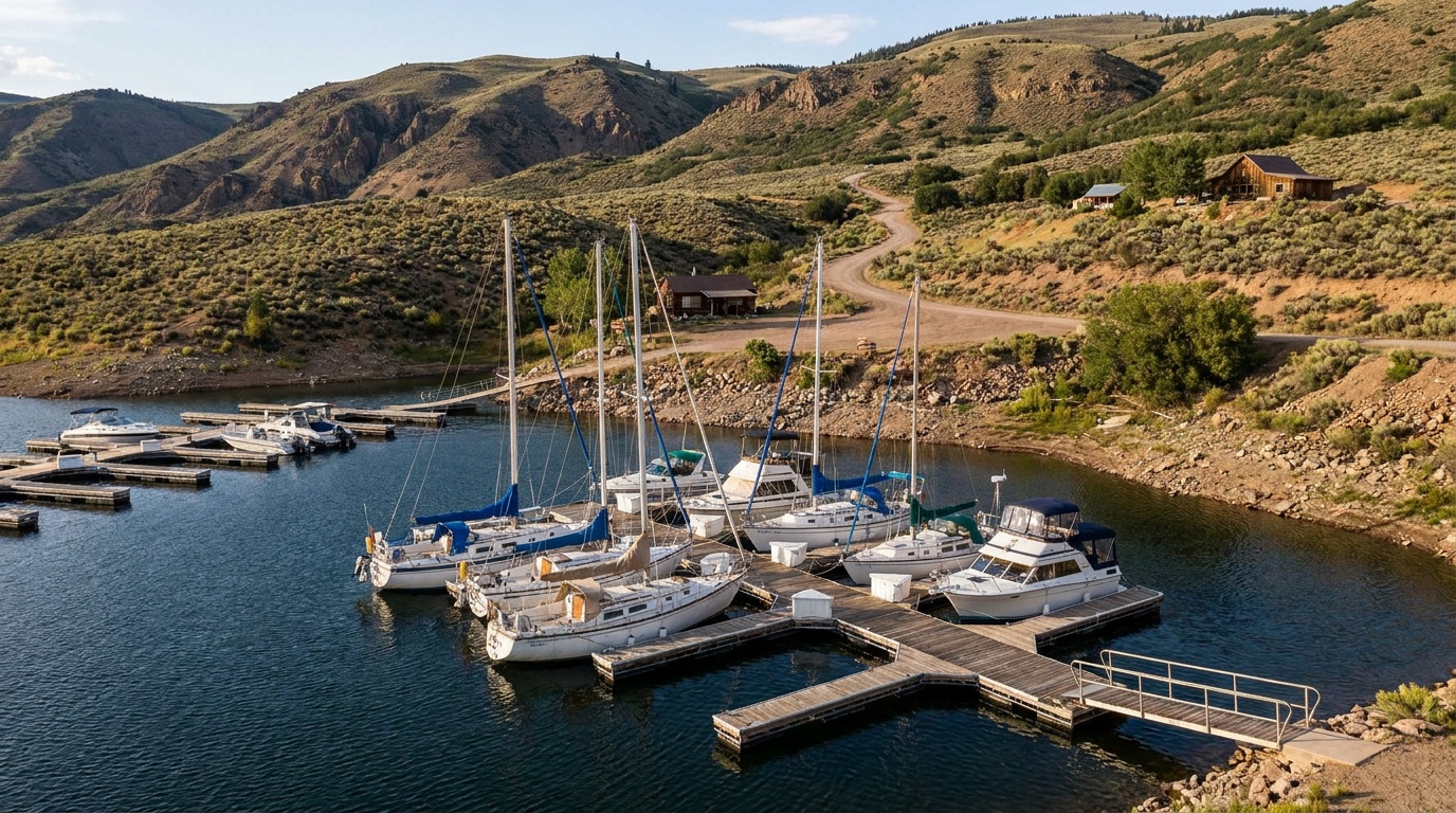 Boats and a marina on Blue Mesa Reservoir with surrounding hills