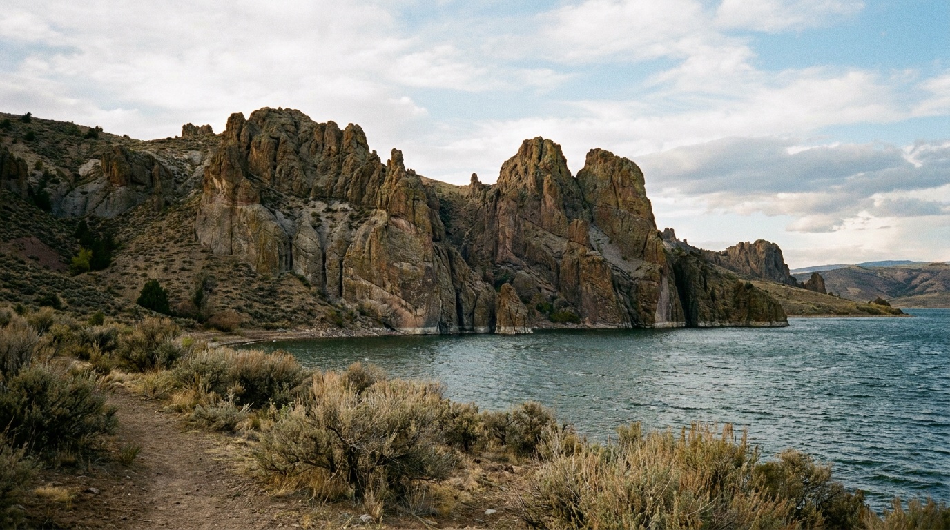 The Dillon Pinnacles volcanic rock formations above Blue Mesa Reservoir