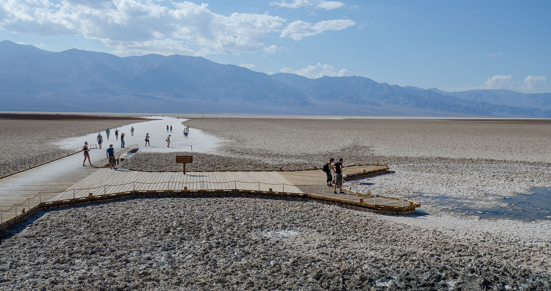 People walking across the salt flats of Badwater Basin