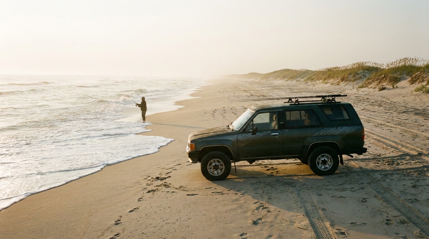 A four-wheel-drive vehicle with fishing rods on the beach surf-fishing at Delaware Seashore State Park at sunrise, ocean waves, empty barrier-island shoreline