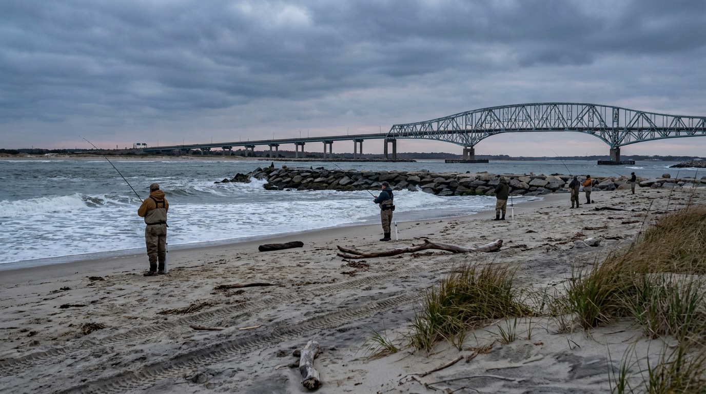 The Indian River Inlet and the Charles W. Cullen Bridge at Delaware Seashore State Park, surf anglers casting from the beach near the jetty, dramatic coastal sky