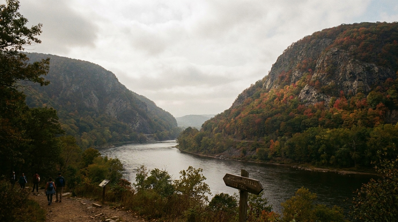 The Delaware Water Gap with the river cutting between Mount Tammany and Mount Minsi