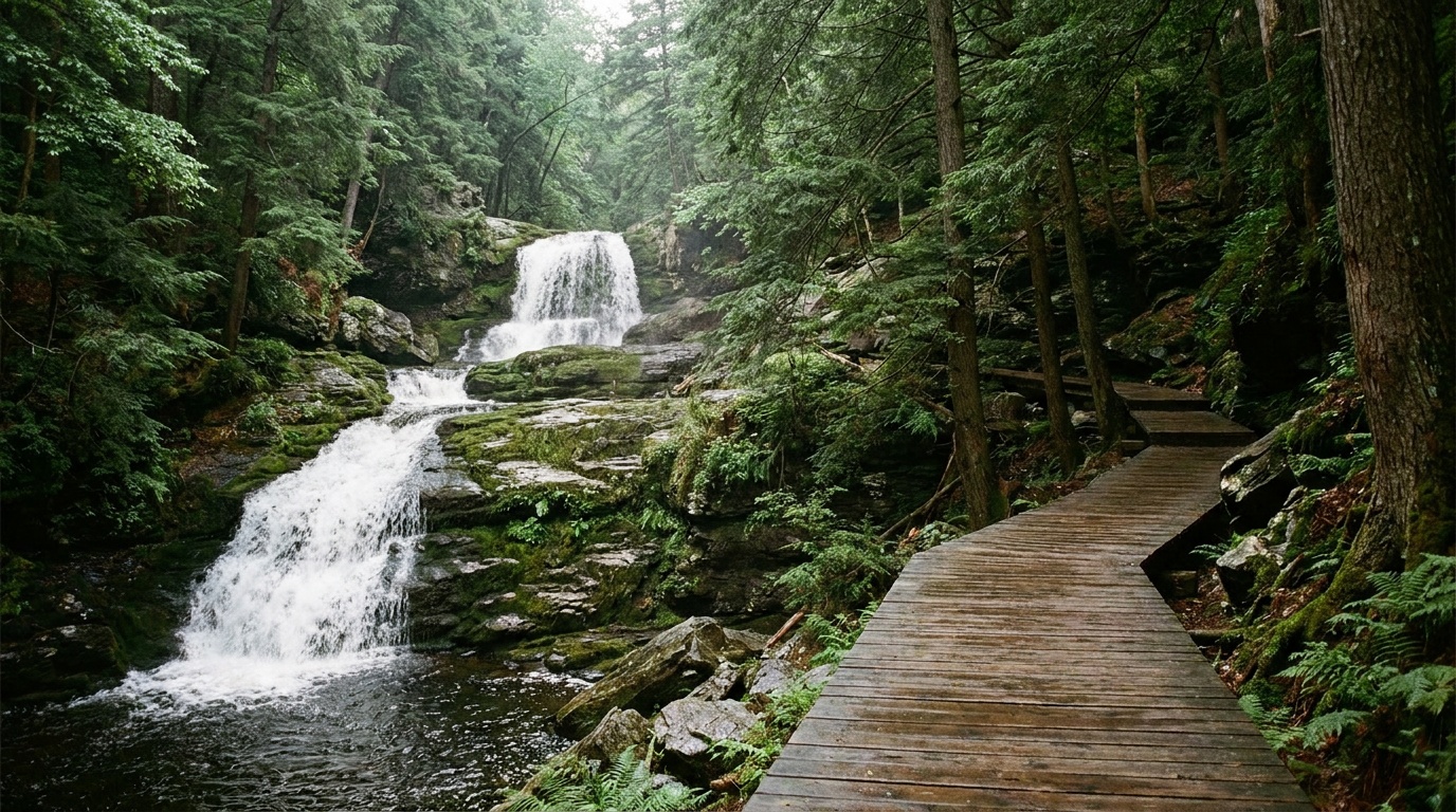 Dingmans Falls cascading through a hemlock gorge with the boardwalk