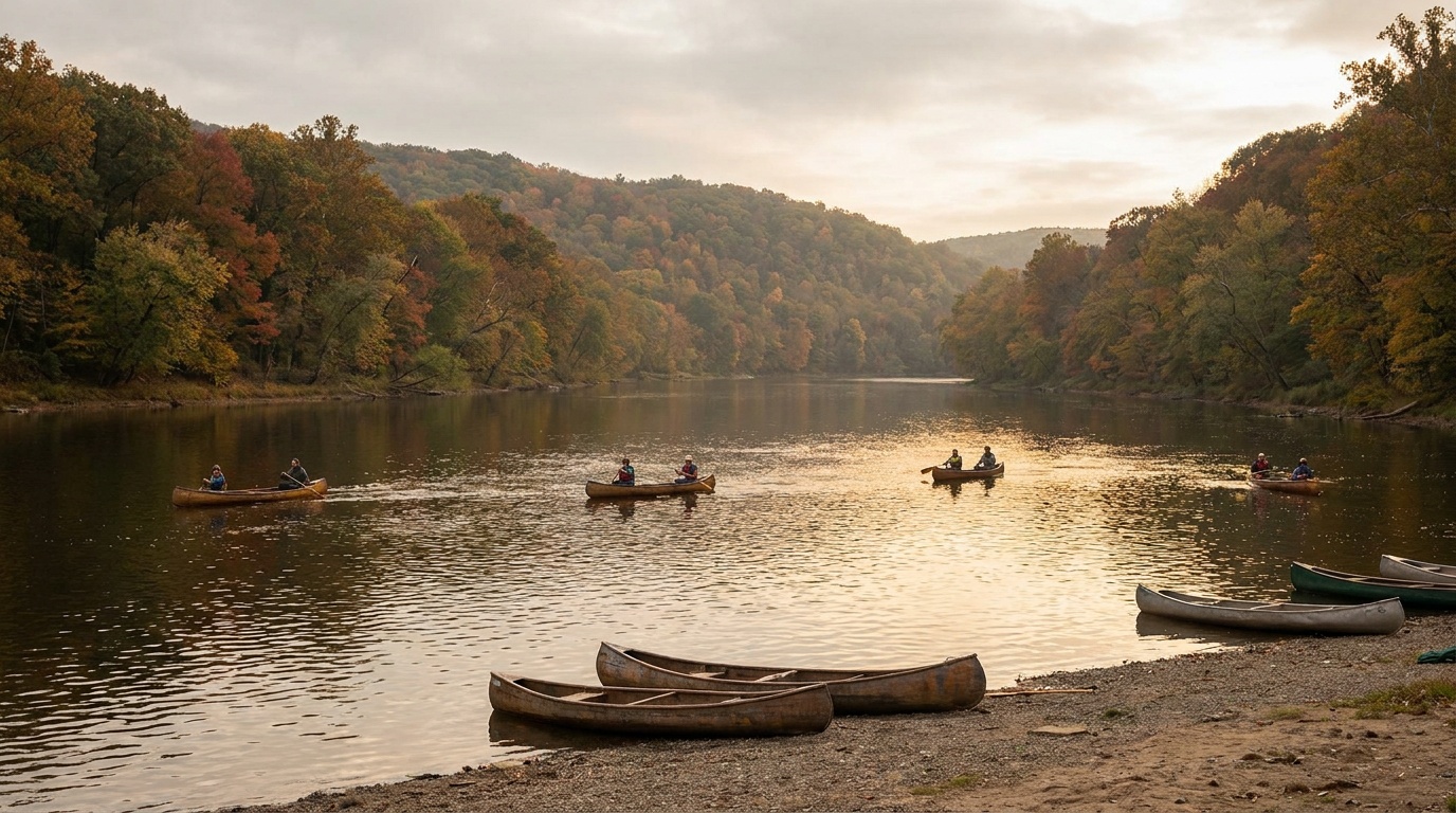 Canoes on the calm Middle Delaware River between forested banks