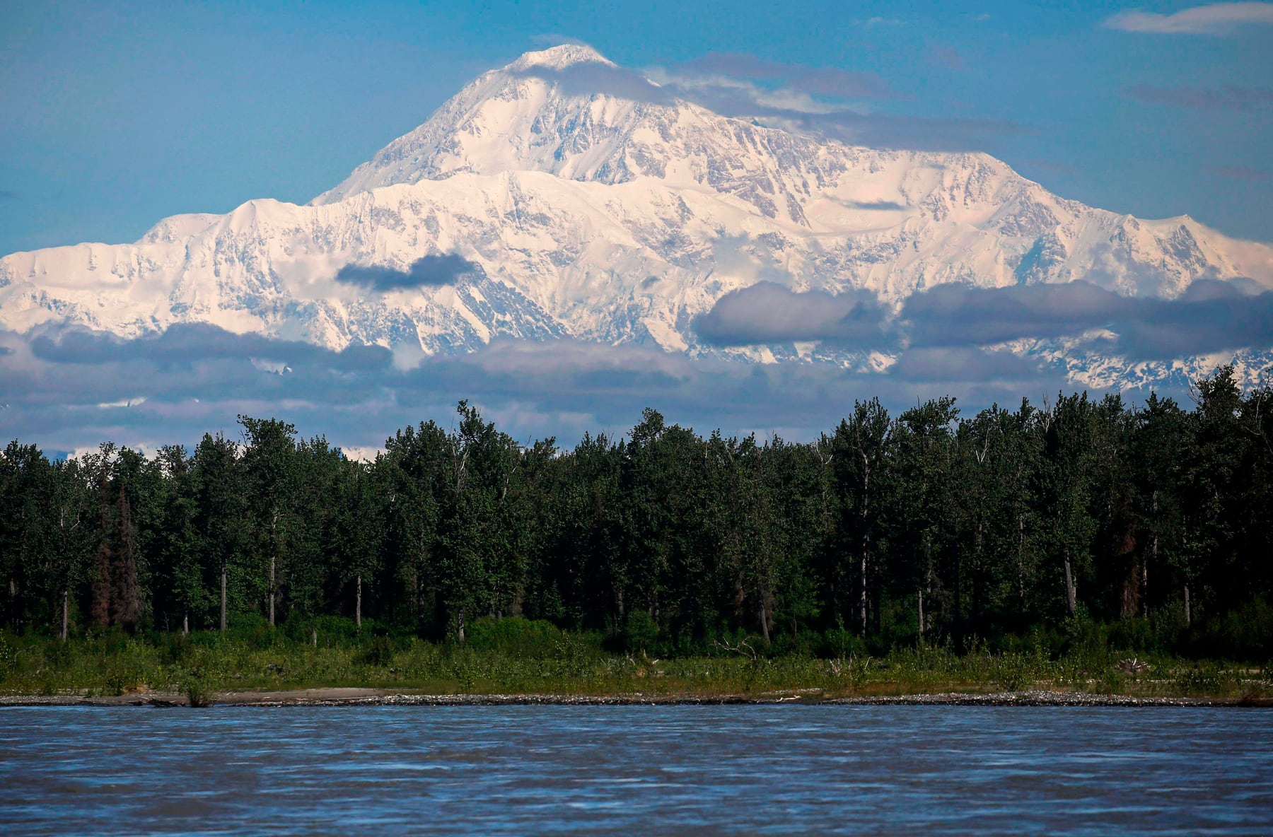 Denali rising above forest and water on a clear day