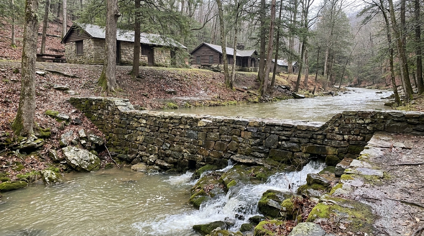 Lee Creek and the stone dam below the CCC structures