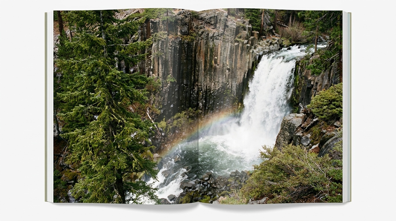 Rainbow Falls plunging 101 feet over dark volcanic rock on the Middle Fork San Joaquin River, a faint rainbow in the midday mist, green conifers framing the cascade