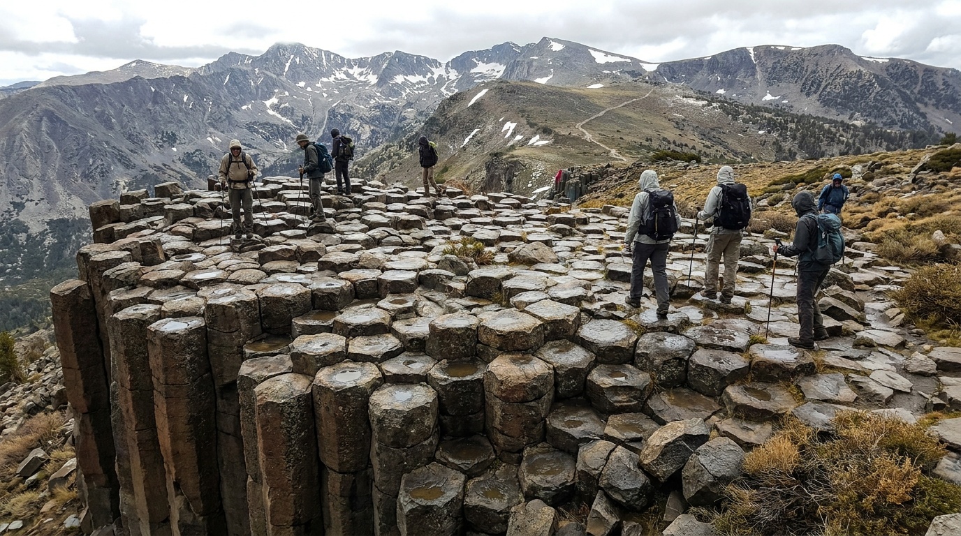 The polished glaciated tops of the basalt columns seen from above, a natural tiled pavement of hexagons, hikers standing for scale, high Sierra panorama behind