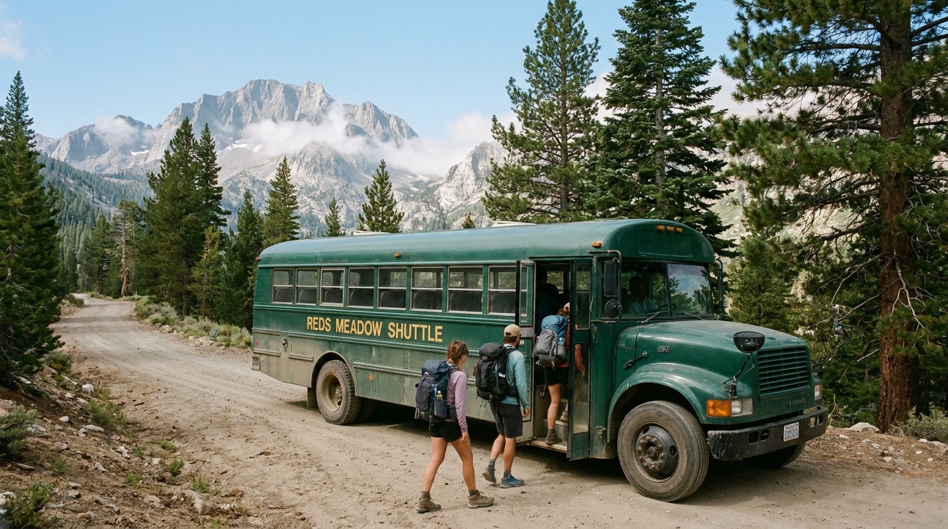 A green Reds Meadow shuttle bus on a narrow mountain road below Mammoth peaks, visitors with day packs boarding, mid-morning light, eastern Sierra forest setting