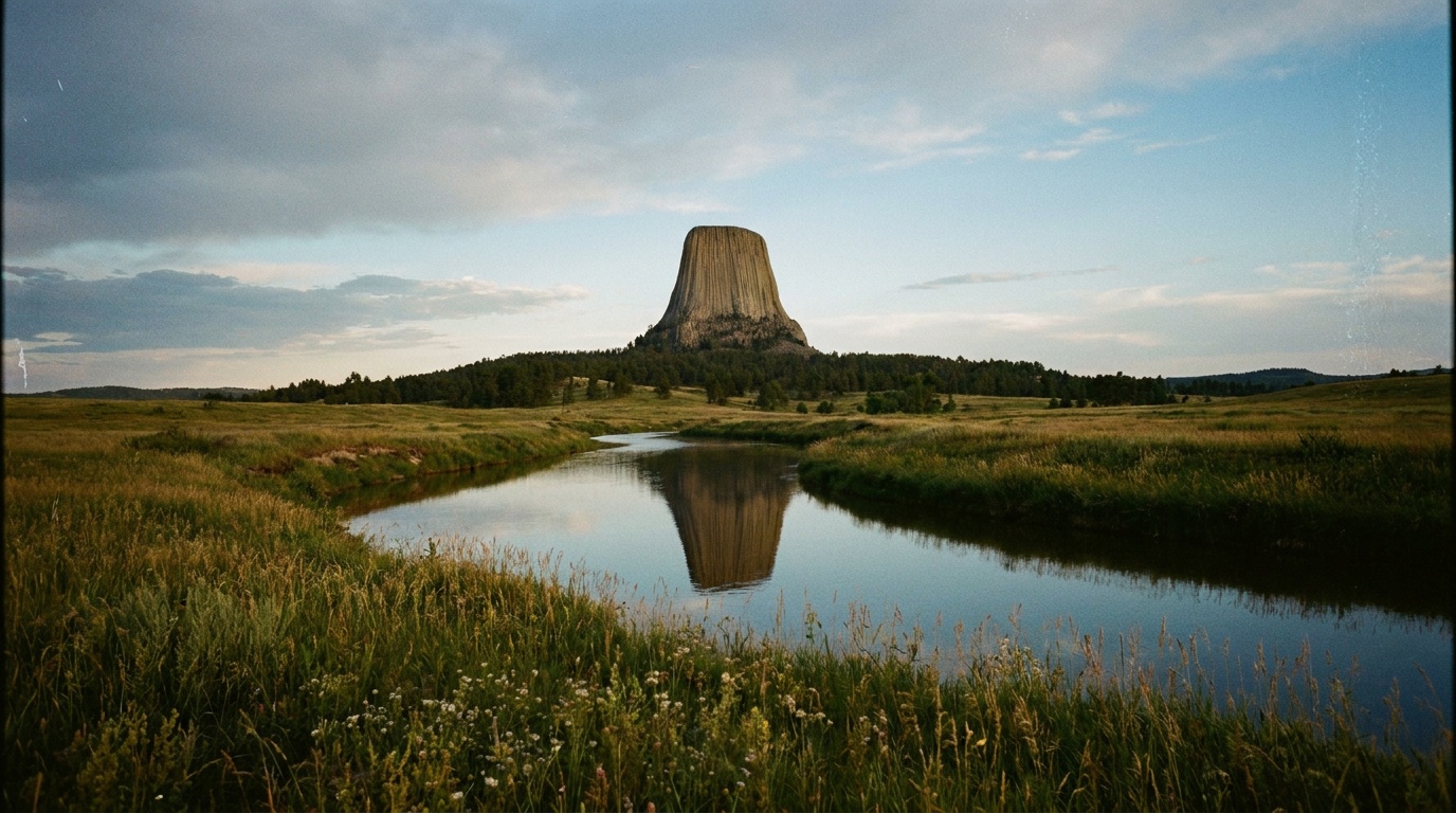 Devils Tower reflected above the Belle Fourche River and meadows
