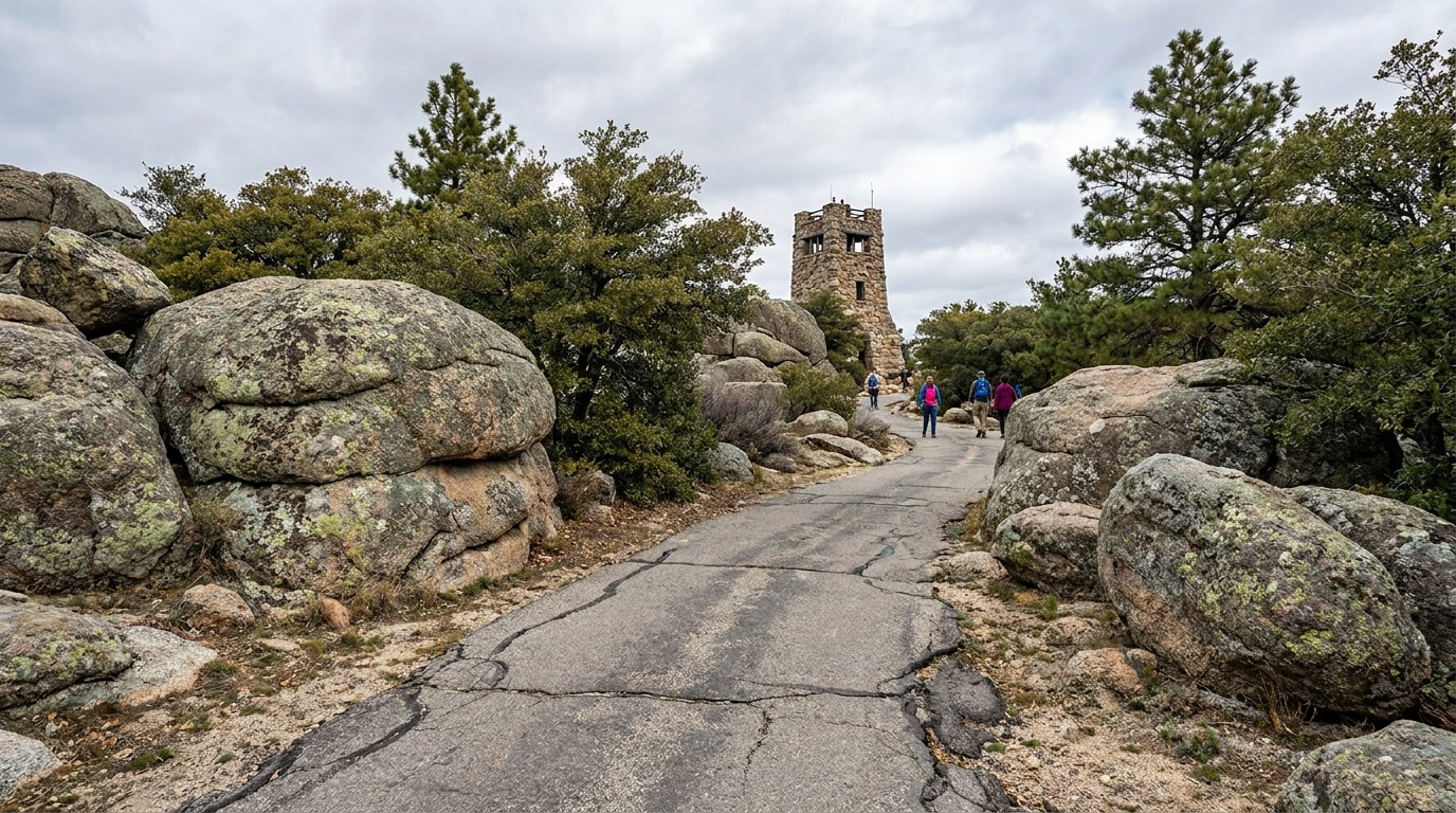 The paved Tower Trail through boulders at the base of the tower