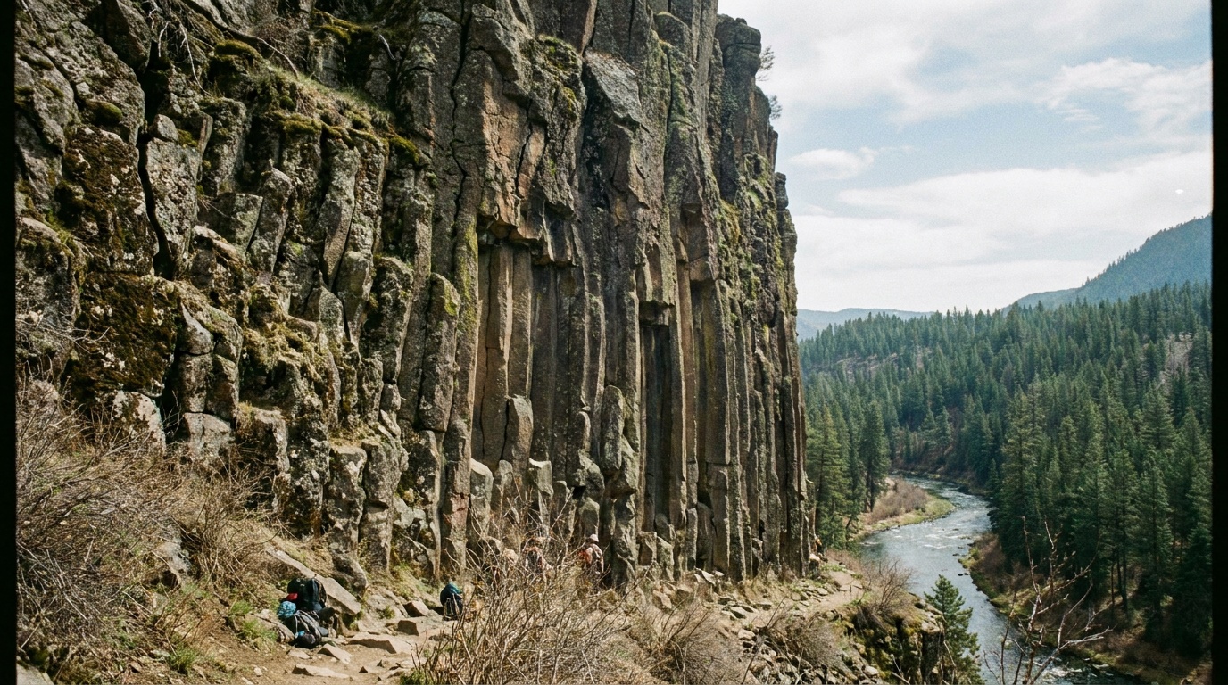 Close view of the vertical columnar joints on the tower face