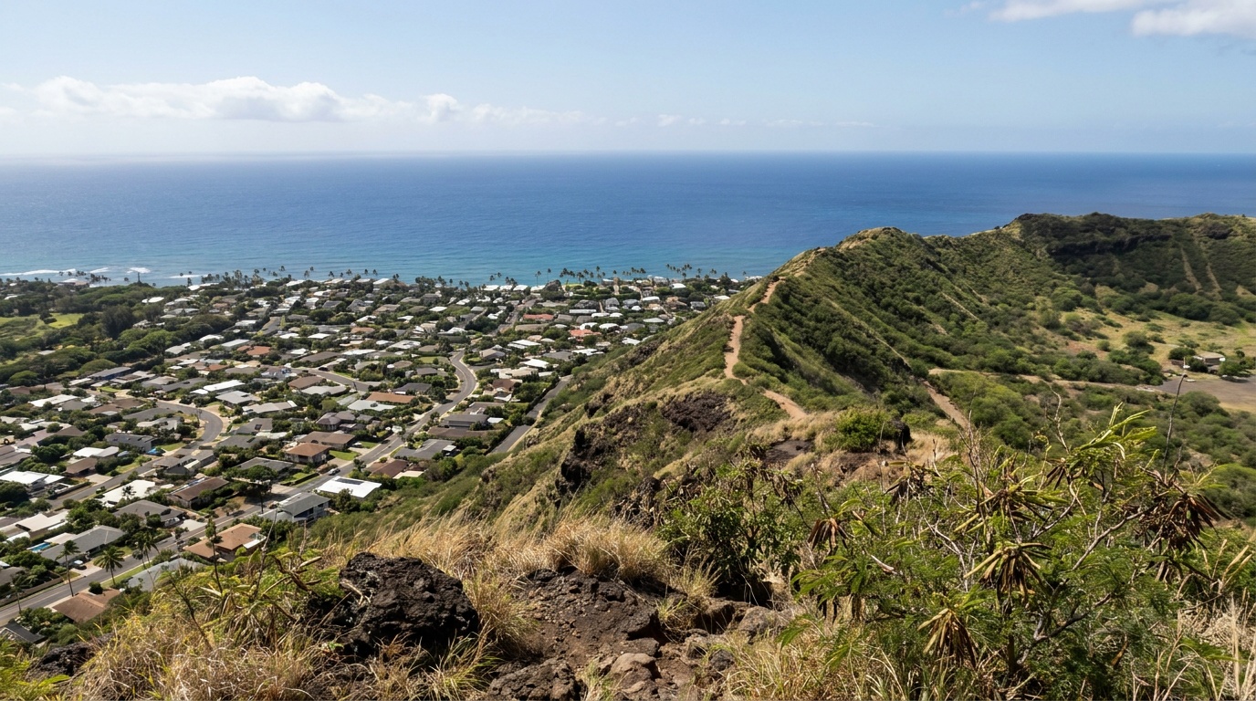 Panoramic view from the rim of the Diamond Head crater over the Oahu coastline and Pacific