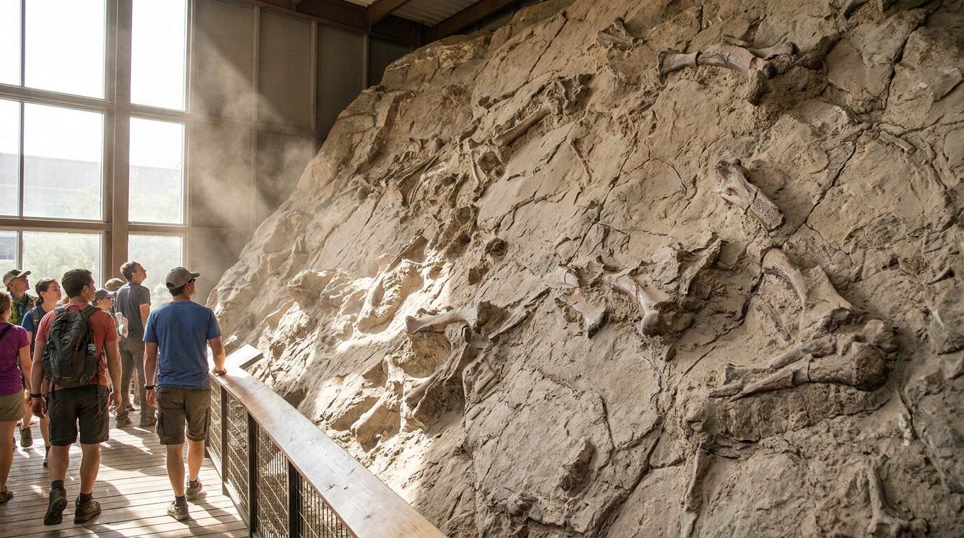 The tilted bone wall inside the Quarry Exhibit Hall packed with dinosaur fossils