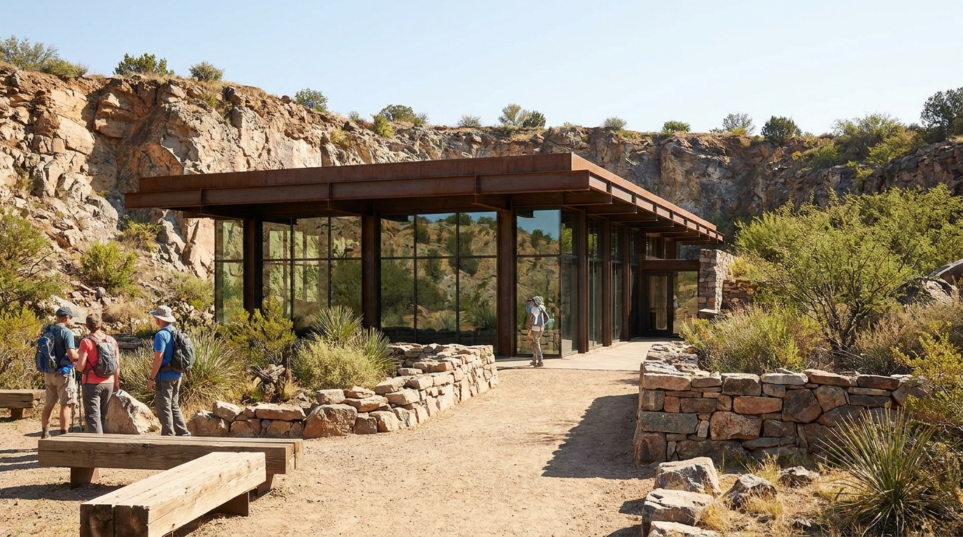 Exterior of the glass-walled Quarry Exhibit Hall building