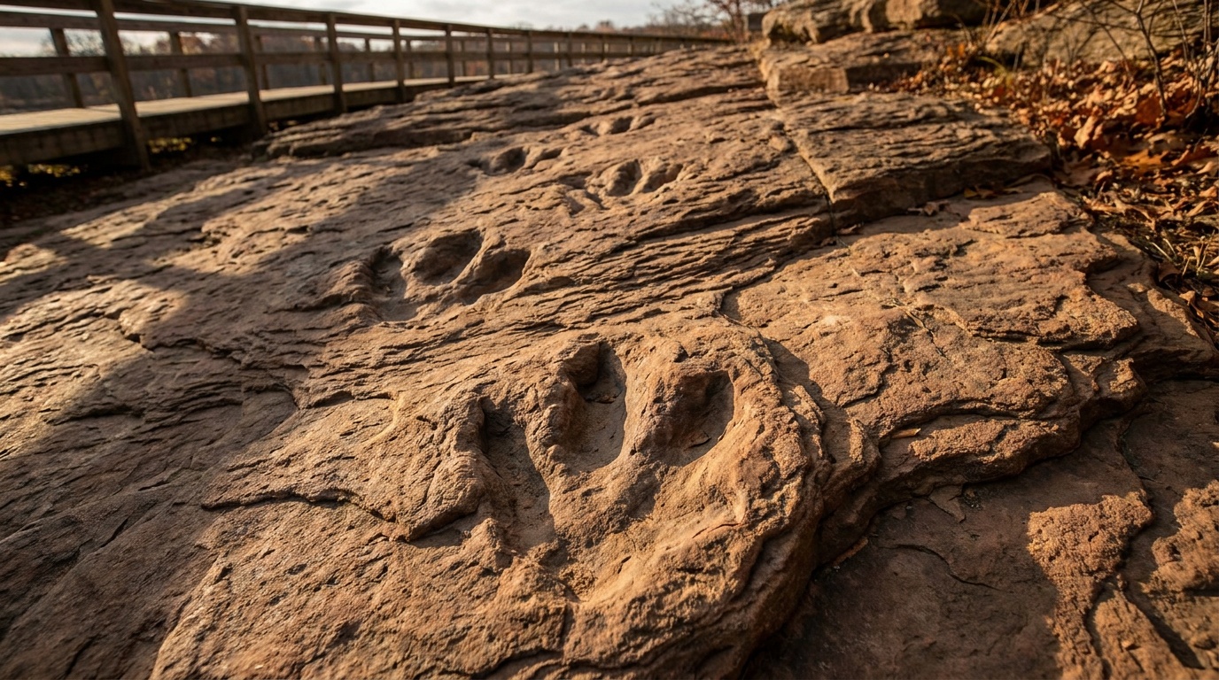 A close-up of fossilized three-toed dinosaur trackways pressed into reddish-brown sandstone at Dinosaur State Park, dramatic raking museum light, Connecticut