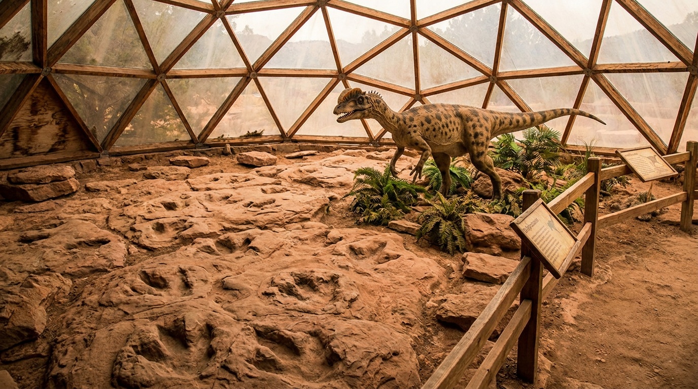 Interior of the geodesic dome at Dinosaur State Park showing early Jurassic dinosaur footprints preserved in rock on the floor, a life-size Dilophosaurus diorama, warm exhibit lighting