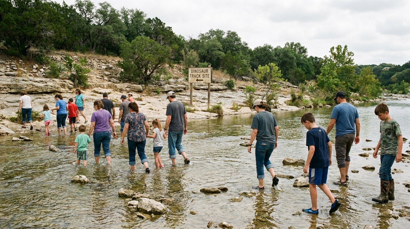 Visitors wading across the shallow Paluxy River to a track site