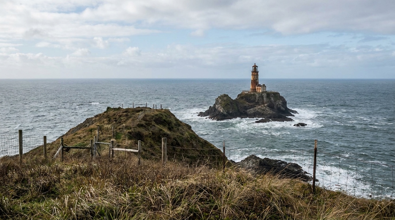 The offshore Tillamook Rock Lighthouse seen from the headland