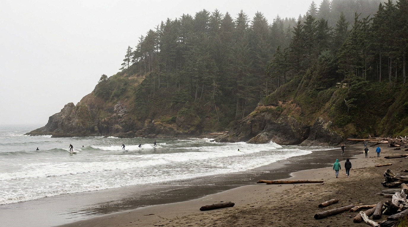 Indian Beach with surfers and forested headland at Ecola State Park
