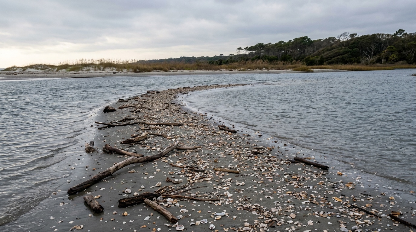 Shell-strewn sand and the tidal spit at Edisto Beach State Park