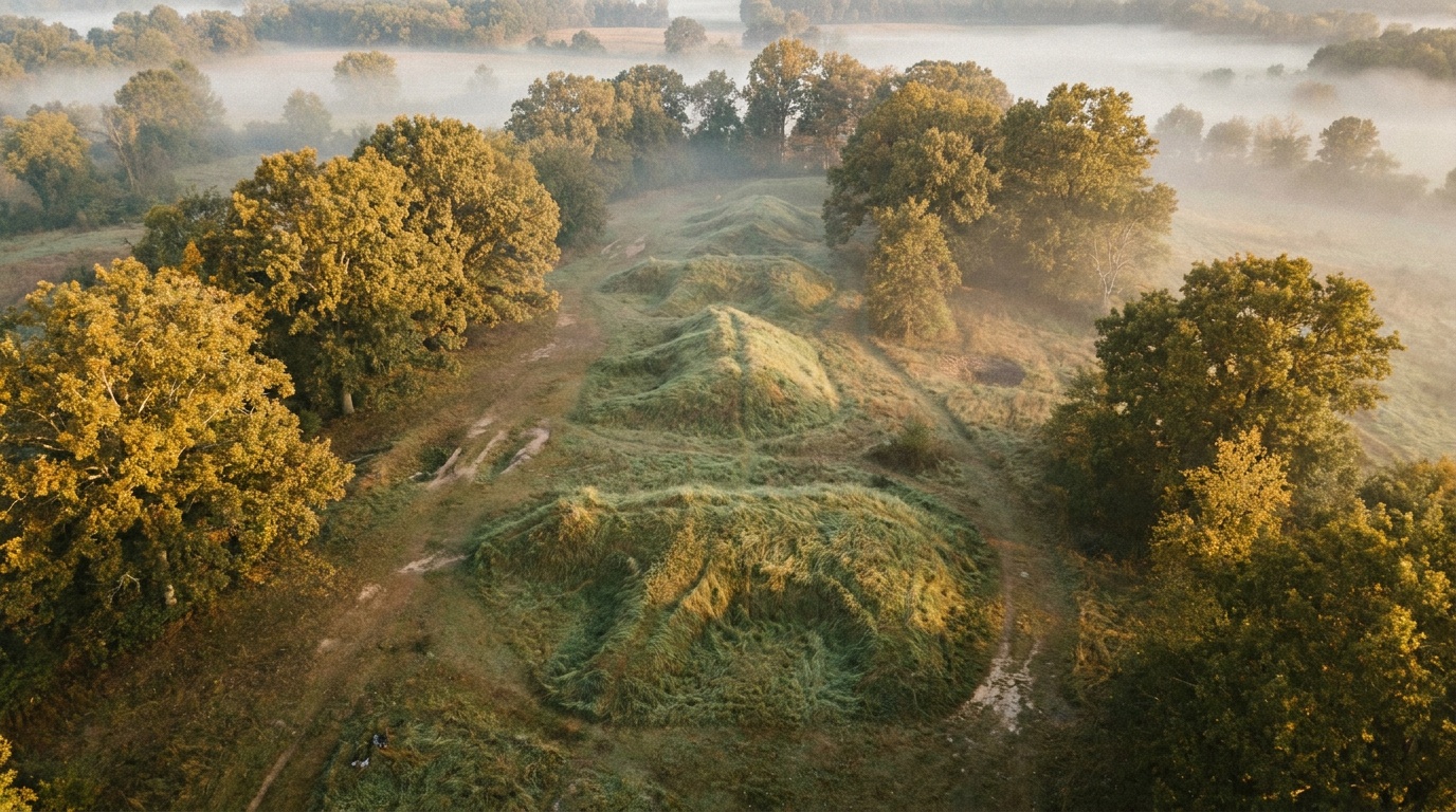 Aerial-style view of the Marching Bear Group, a line of bear-shaped effigy mounds in a grassy clearing among oak woods, soft morning light