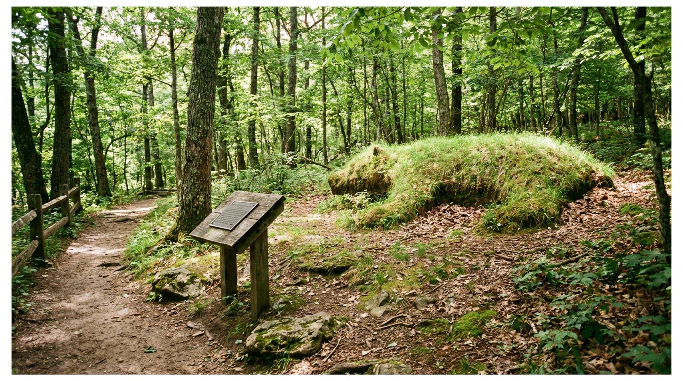 A wooded trail through Effigy Mounds with a grass-covered bear-shaped effigy mound visible on the forest floor, dappled green summer light, interpretive sign