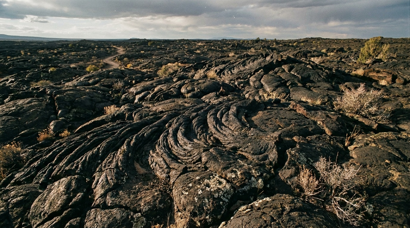 Twisted ropy black pahoehoe lava rock textures stretching across the badland flows of El Malpais under dramatic light