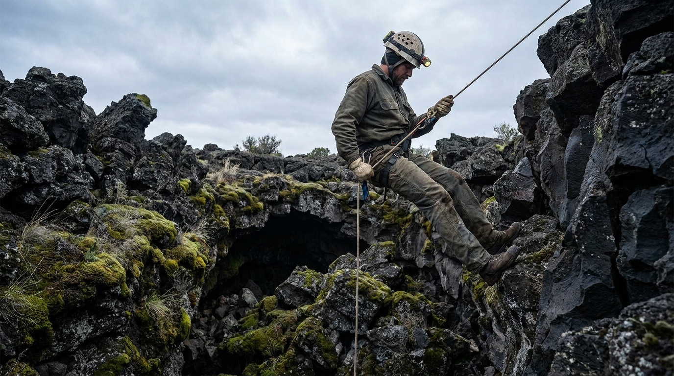 A caver in a helmet with a headlamp descending into a collapsed lava-tube cave entrance ringed by black basalt at El Malpais