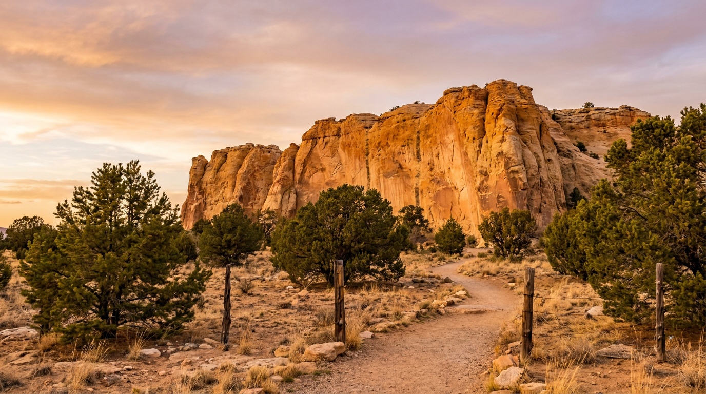 The towering sandstone bluff of El Morro rising honey-gold above the high desert in warm New Mexico evening light, pinon and juniper at its base