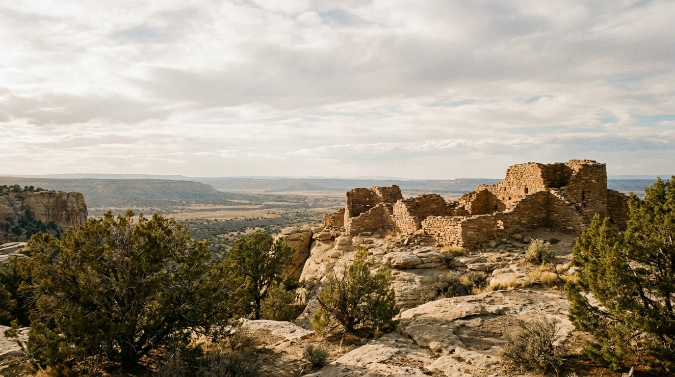 Ancestral Puebloan pueblo ruins on top of the El Morro headland with sweeping high-desert views, big New Mexico sky overhead