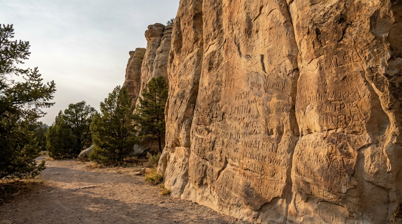 Centuries of carved inscriptions and Ancestral Puebloan petroglyphs on the sandstone wall of El Morro along the Inscription Rock Trail