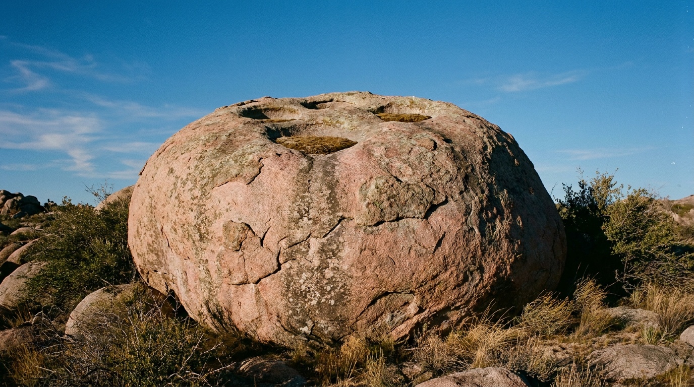 Close view of the giant Dumbo boulder, a 27-foot weathered pink granite monolith with shallow erosion basins on its rounded crown, clear blue sky behind.