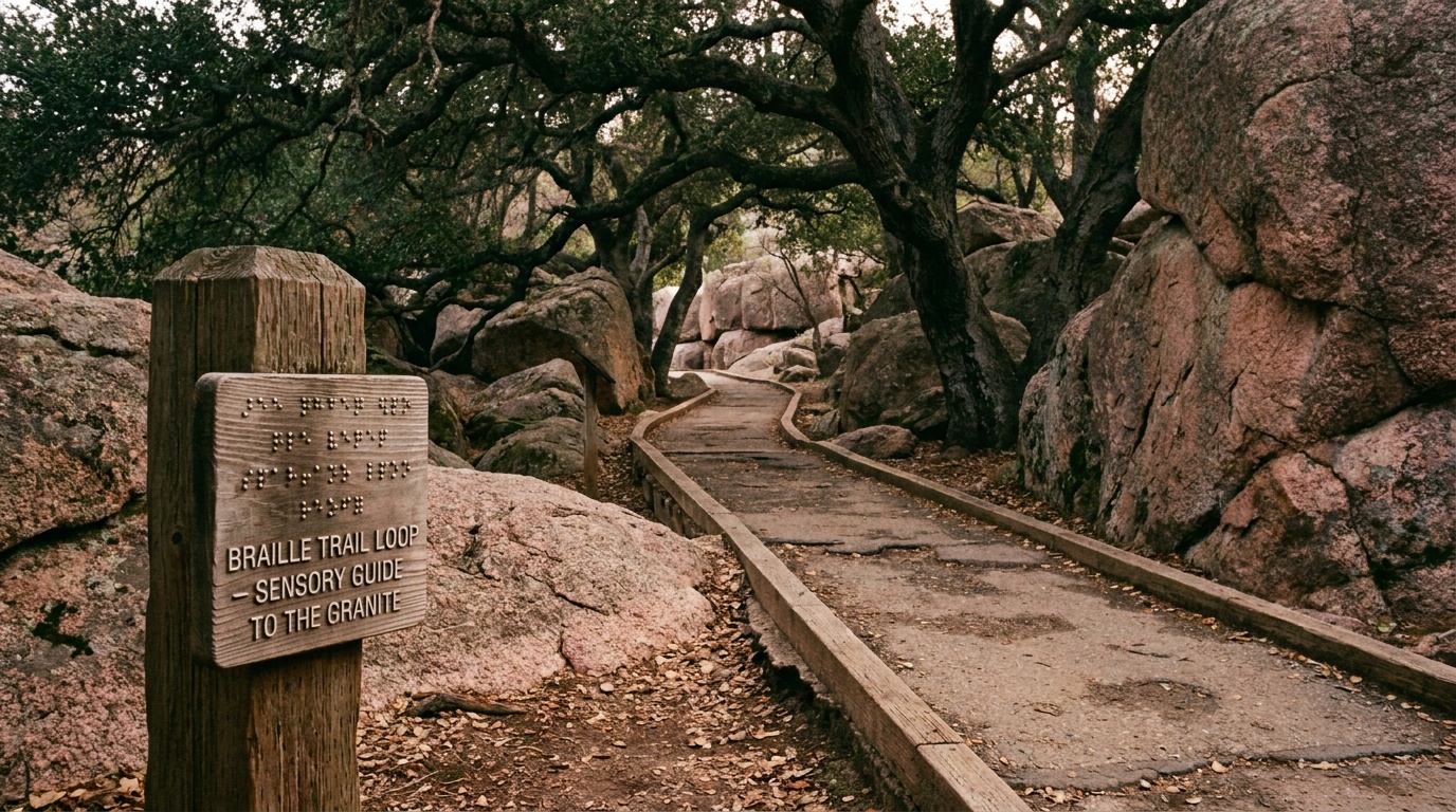 A smooth paved Braille Trail loop winding between towering pink granite boulders, a wooden interpretive sign in the foreground under oak shade.
