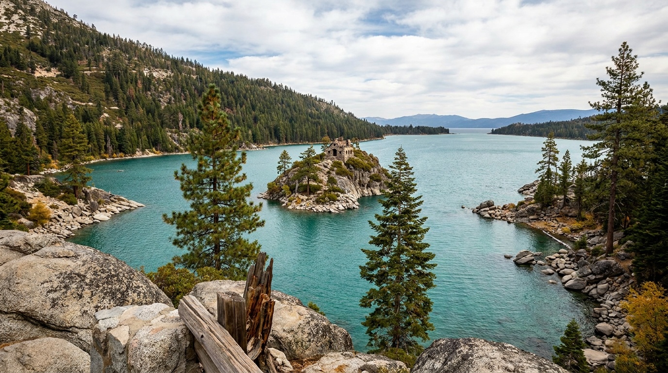 Fannette Island in the middle of Emerald Bay with the tea house ruin