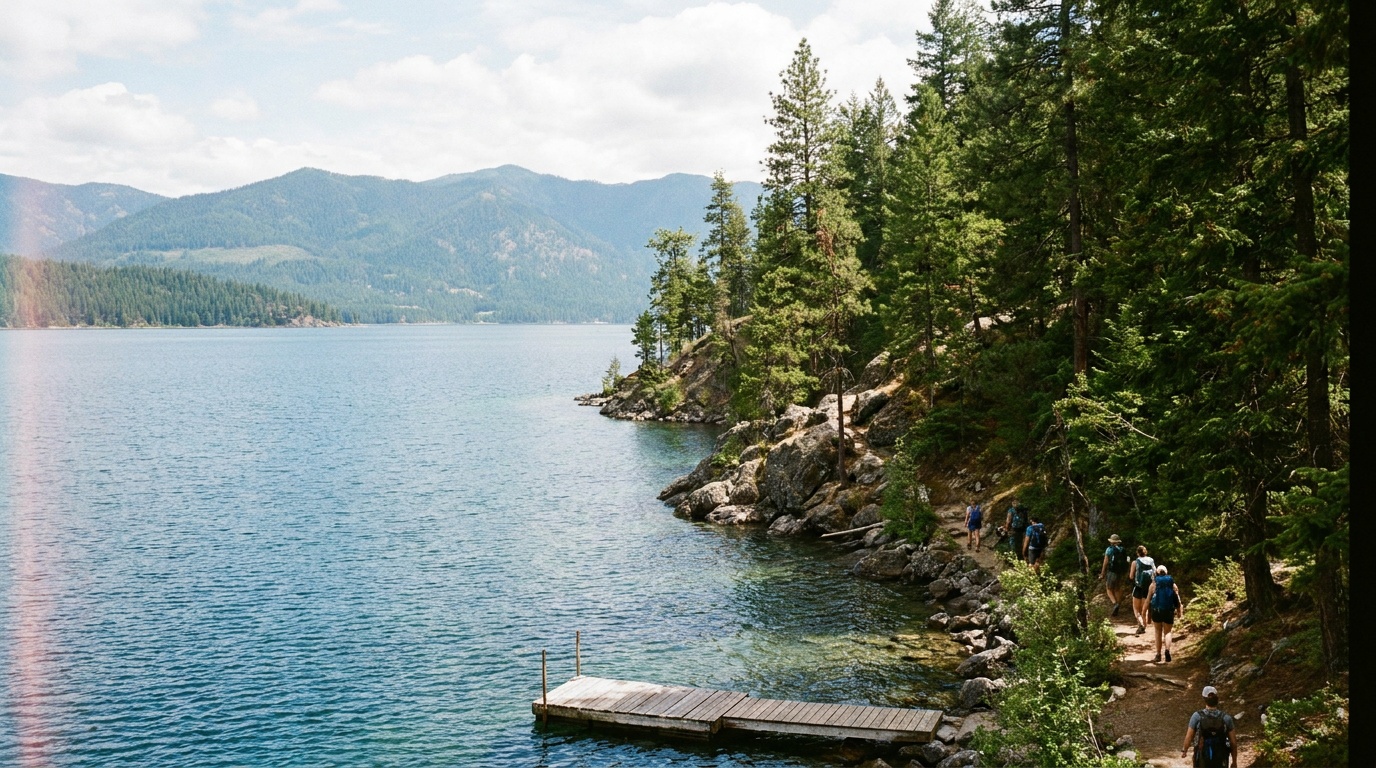 The clear deep blue water of Lake Pend Oreille meeting a forested shoreline at Farragut State Park, mountains rising beyond the lake, bright summer day