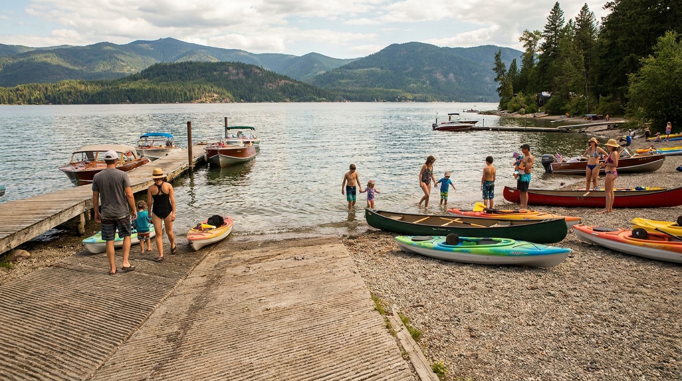 A boat launch and swimming beach on Lake Pend Oreille with kayaks and clear water, families enjoying the lakeshore, summer afternoon